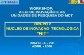 1 GRUPO 2 NÚCLEO DE INOVAÇÃO TECNOLÓGICA NIT WORKSHOP: A LEI DE INOVAÇÃO E AS UNIDADES DE PESQUISA DO MCT BRASÍLIA – DF ABRIL - 2006.