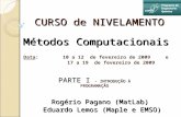 CURSO de NIVELAMENTO Métodos Computacionais Data: 10 a 12 de fevereiro de 2009 e 17 a 19 de fevereiro de 2009 Rogério Pagano (MatLab) Eduardo Lemos (Maple.