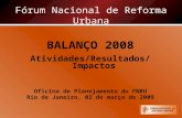 Fórum Nacional de Reforma Urbana BALANÇO 2008 Atividades/Resultados/Impactos Oficina de Planejamento do FNRU Rio de Janeiro, 02 de março de 2009.