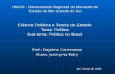 Ciência Política e Teoria do Estado Ciência Política e Teoria do Estado Tema: Política Sub-tema: Política no Brasil Prof.: Dejalma Cremonese Aluno: Jeronymo.