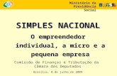Ministério da Previdência Social SIMPLES NACIONAL O empreendedor individual, a micro e a pequena empresa Brasília, 8 de julho de 2009 Comissão de Finanças.