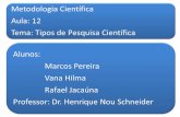 Metodologia Científica Aula: 12 Tema: Tipos de Pesquisa Científica Alunos: Marcos Pereira Vana Hilma Rafael Jacaúna Professor: Dr. Henrique Nou Schneider.