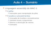 Academia ISCTE – Arquitectura de Computadores Aula 4 – Sumário Linguagem assembly do MAC-1 A pilha Instruções para manipulação da pilha Funções e procedimentos.