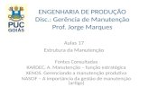 ENGENHARIA DE PRODUÇÃO Disc.: Gerência de Manutenção Prof. Jorge Marques Aulas 17 Estrutura da Manutenção Fontes Consultadas KARDEC, A. Manutenção – função.