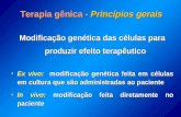 Terapia gênica - Princípios gerais Modificação genética das células para produzir efeito terapêutico Ex vivo: modificação genética feita em células em.