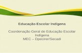 Educação Escolar Indígena Coordenação Geral de Educação Escolar Indígena MEC – Dpecirer/Secadi.