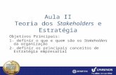 Aula II Teoria dos Stakeholders e Estratégia Objetivos Principais: 1- definir o que e quem são os Stakeholders da organização 2- definir os principais.