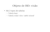 Objeto de BD: visão Há 2 tipos de tabelas –Tabela base –Tabela visão/ view / table viewed.