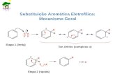 Substituição Aromática Eletrofílica: Mecanismo Geral Etapa 2 (rápida) Íon Arênio (complexo ) Etapa 1 (lenta) + -