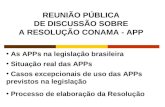 As APPs na legislação brasileira Situação real das APPs Casos excepcionais de uso das APPs previstos na legislação Processo de elaboração da Resolução.