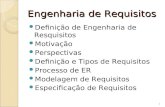 Engenharia de Requisitos Definição de Engenharia de Resquisitos Motivação Perspectivas Definição e Tipos de Requisitos Processo de ER Modelagem de Requisitos.