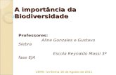 A importância da Biodiversidade Professores: Aline Gonzales e Gustavo Siebra Escola Reynaldo Massi 3ª fase EJA UEMS- Ivinhema 16 de Agosto de 2011.