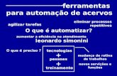 Ferramentas para automação de acervos O que é automatizar? agilizar tarefas tecnologias pessoas treinamento O que é preciso ? + + eliminar processos repetitivos.