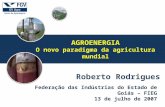 A Federação das Indústrias do Estado de Goiás – FIEG 13 de julho de 2007 Roberto Rodrigues AGROENERGIA O novo paradigma da agricultura mundial.