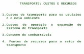 TRANSPORTE: CUSTOS E RECURSOS 1.Custos de transporte para os usuários e o meio ambiente 2.Custos de operação e expansão do sistema de transporte 3.Consumo.