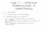 Cap.7 – Análise Dimensional e semelhança 7.1 - Introdução 7.2 – Teorema dos Pi de Buckingham 7.3 – Determinação dos grupos Pi 7.4 – Grupos adimensionais.