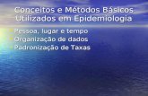 Conceitos e Métodos Básicos Utilizados em Epidemiologia Pessoa, lugar e tempo Pessoa, lugar e tempo Organização de dados Organização de dados Padronização.