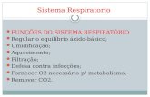 Sistema Respiratorio FUNÇÕES DO SISTEMA RESPIRATÓRIO Regular o equilíbrio ácido-básico; Umidificação; Aquecimento; Filtração; Defesa contra infecções;