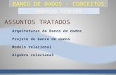 BANCO DE DADOS - CONCEITOS Arquiteturas de Banco de dados Projeto de banco de dados Modelo relacional Algebra relacional ASSUNTOS TRATADOS.