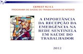 A IMPORTÂNCIA DA RECEPÇÃO DA EMERGÊNCIA NA REDE SENTINELA EM SAÚDE DO TRABALHADOR 2012 CEREST RJ II.1 PROGRAMA DE SAÚDE DO TRABALHADOR DE NITERÓI.