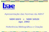 Apresentação das Normas da ABNT NBR 6023 e NBR 10520 ago. 2002 Referência Bibliográfica e Citação.