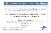 Mesa 8 - Racionalização, Regulação e Visão do Consumidor de Energia no Brasil AS MICRO E PEQUENAS EMPRESAS COMO CONSUMIDORAS DE ENERGIA Ricardo Wargas.