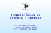 TRANSFERÊNCIA DE MATÉRIA E ENERGIA DISCIPLINA: BIOLOGIA 1ª SÉRIE DO ENSINO MÉDIO PROFª. CRISTINA DE SOUZA.