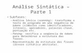 Análise Sintática – Parte 1 Subfases: –Análise léxica (scanning): transforma o texto do programa em uma sequëncia de tokens (símbolos como identificadores,