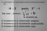 Na raiz, temos: = b A radiciação é a operação inversa da potenciação. Ex. RADICAL O número n é chamado índice; O número a é chamado radicando; O número.