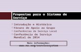 Introdução e Histórico  Fóruns de Apoio ao Grupo  Conferências de Serviço Local  Conferência de Serviço Mundial de 2014 Propostas para o Sistema de.
