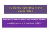 A APADE foi recebida, em Palácio, pelo Governador Beto Richa. A audiência ocorreu às 10 horas do dia 29/08/14.