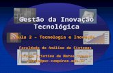 Gestão da Inovação Tecnológica Aula 2 – Tecnologia e Inovação Faculdade de Análise de Sistemas Sílvia Cristina de Matos Soares silvia@puc-campinas.edu.br.