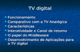 TV digital Funcionamento Funcionamento Comparativo com a TV Analógica Comparativo com a TV Analógica Características Características Interatividade e Canal.