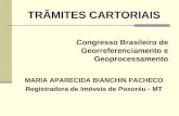 TRÂMITES CARTORIAIS Congresso Brasileiro de Georreferenciamento e Geoprocessamento MARIA APARECIDA BIANCHIN PACHECO Registradora de Imóveis de Poxoréu.