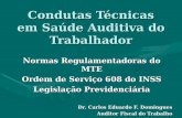 Condutas Técnicas em Saúde Auditiva do Trabalhador Normas Regulamentadoras do MTE Ordem de Serviço 608 do INSS Legislação Previdenciária Dr. Carlos Eduardo.
