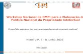 Workshop Nacional da OMPI para a Elaboração da Política Nacional da Propriedade Intelectual Hotel VIP, 6 - 8 Junho 2005 Maputo O papel das patentes e das.