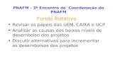 Fundo Rotativo Revisar os papeis das UEM, CAIXA e UCP Analisar as causas dos baixos níveis de desembolso dos projetos Discutir alternativas para incrementar.