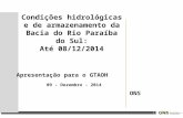 1 Condições hidrológicas e de armazenamento da Bacia do Rio Paraíba do Sul: Até 08/12/2014 Apresentação para o GTAOH 09 - Dezembro - 2014 ONS.