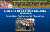 A UN AÑO DE LA FIRMA DEL ACTA DORISSA. Expositor: Andres sandi Mucushua Presidente de FECONACO .