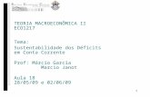 1 TEORIA MACROECONÔMICA II ECO1217 Tema: Sustentabilidade dos Déficits em Conta Corrente Prof: Márcio Garcia Marcio Janot Aula 18 28/05/09 e 02/06/09.