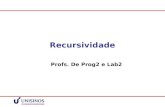 Recursividade Profs. De Prog2 e Lab2. Recursão Repetição pode ser obtida de 2 maneiras: –Laços (for, while, etc) –Chamada recursiva de métodos (recursão)