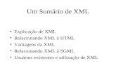 Um Sumário de XML Explicação de XML Relacionando XML à HTML Vantagens da XML Relacionando XML à SGML Usuários existentes e utilização de XML.