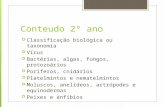 Conteudo 2º ano  Classificação biológica ou taxonomia  Vírus  Bactérias, algas, fungos, protozoários  Poríferos, cnidários  Platelmintos e nematelmintos.