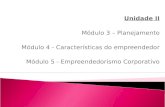 Unidade II Módulo 3 – Planejamento Módulo 4 - Características do empreendedor Módulo 5 - Empreendedorismo Corporativo