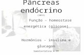 Pâncreas endócrino (2015) Função – homeostase energética (glicose) Hormônios - insulina e glucagon Somatostatina e PP.