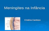 Meningites na Infância Cristina Cardozo. Definição Processo inflamatório das membranas que envolvem o encéfalo e a medula espinhal, conseqüente à ação.