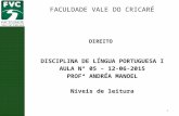 DIREITO DISCIPLINA DE LÍNGUA PORTUGUESA I AULA Nº 05 – 12-06-2015 PROFª ANDRÉA MANOEL Níveis de leitura FACULDADE VALE DO CRICARÉ 1.