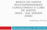 BANCO DE DADOS MULTIDIMENSIONAIS CONSULTANDO O CUBO DE DADOS (MDX – SQL SERVER 2008) Banco de Dados Avançado - Prof.ª Valeria Times Andresson Firmino.