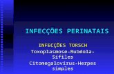 INFECÇÕES PERINATAIS INFECÇÕES TORSCH Toxoplasmose-Rubéola-Sífiles Citomegalovírus-Herpes simples.