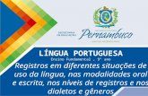 LÍNGUA PORTUGUESA Ensino Fundamental, 9º ano Registros em diferentes situações de uso da língua, nas modalidades oral e escrita, nos níveis de registros.